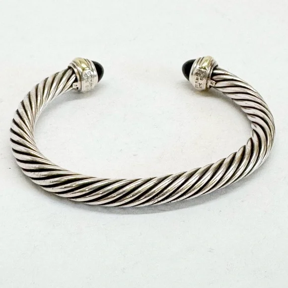 David Yurman 7mm Cable Classic Cuff Bracelet Black Onyx .925 14K - Picture 4 of 11